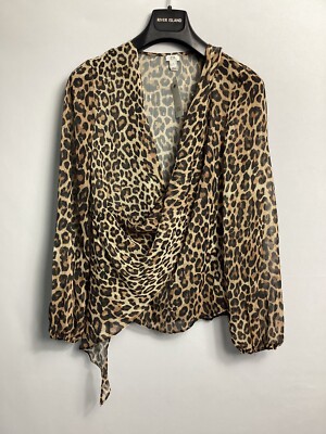 River Island Langarmbluse Leopardenmuster drapiert asymmetrisch Tiermuster Größe 10 UK