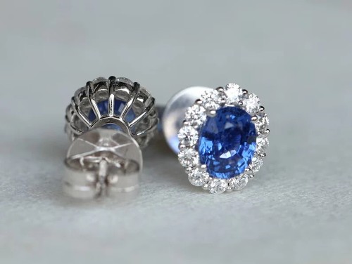 Pendiente de diamantes de zafiro azul natural de corte ovalado de 4,60 quilates de oro blanco real de 14 quilates - Imagen 6 de 8
