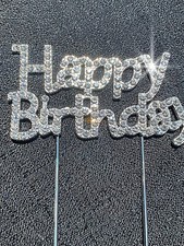 Happy Birthday Cake Pick Topper Party Silver Tone Metal Rhinestones Decoration