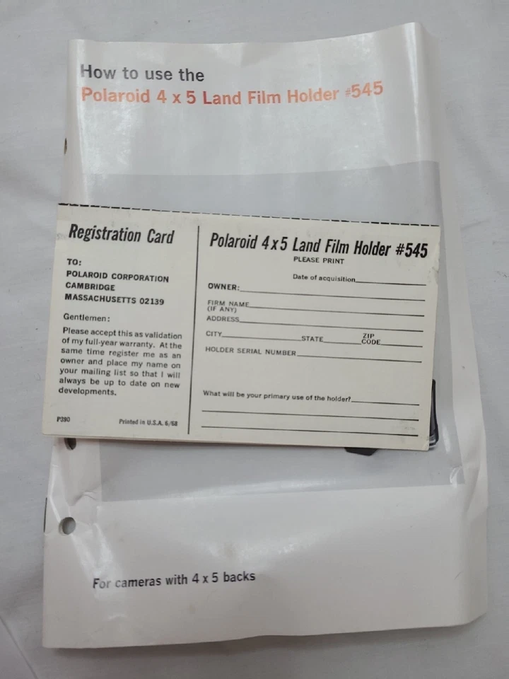 Polaroid 4x5 Land Film Holder #545 With Box and Manual and Registration Card  - Image 3 of 4