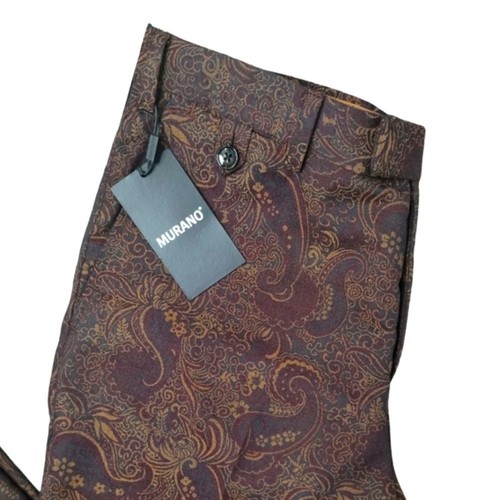 Pantalones de vestir Murano Evan de ajuste ajustado delanteros planos para hombre 32"" x 34"" borgoña negro damasco - Imagen 7 de 11