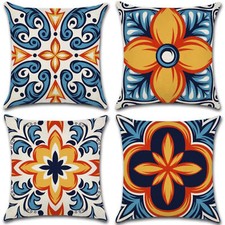 Set of 4 Pillow Covers 18x18, Orange Kaleidoscope Pattern Style Linen Fabric
