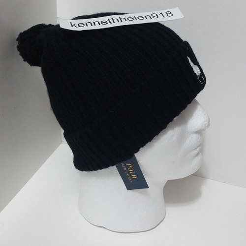 POLO RALPH LAUREN BIG PONY RIB CUFF POM POM BEANIE HAT BLACK MENS ONE SIZE - Picture 3 of 7