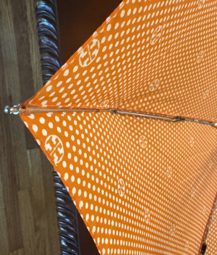 Tory Burch Orange Folding Umbrella With White Logo and Polka Dots - Picture 11 of 18