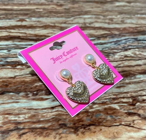 Juicy Couture Jewelry Gold Earrings Pearl Crystal Pave Heart Charm Dangle Drop - Picture 3 of 24