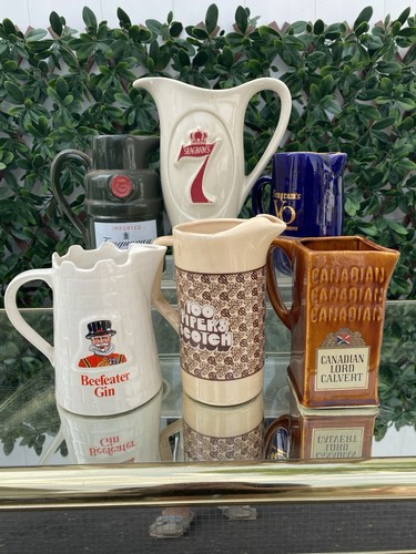 Lot 6 pitchers Jug Mug Vtg NY Whiskey Beefeater Gin 1000 Piper’s Seagrams