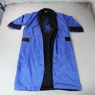 Vintage Smoking Jacker Robe Mens 2XL Blue Dragon Satin Embroidered Lounge Coat