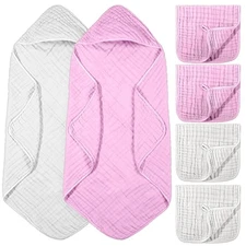 6 Pcs Baby Muslin Hooded Bath Towels and Washcloths 32 x 32 Inch Muslin Cotto...