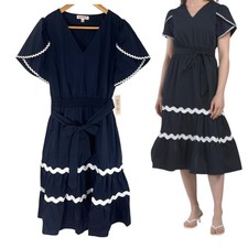 New Nanette Lepore Navy White Dress Women's Size 14 Flutter Sleeve Midi Smocked