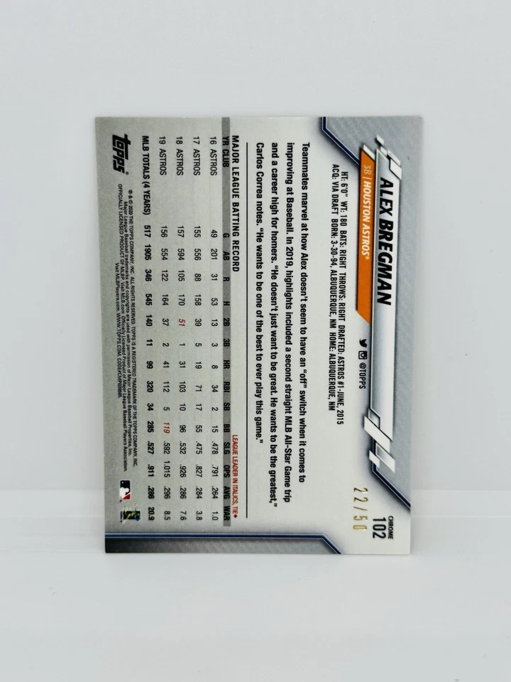 2020 Topps Chrome ALEX BREGMAN True Gold Refractor /50 Houston Astros #102 - Image 2 of 2