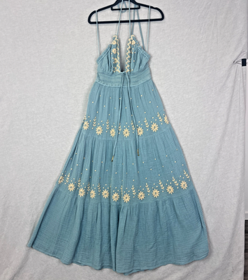 Free People NEW Dress Size Medium Real Love Embroidered Dress Blue Halter  Long | eBay