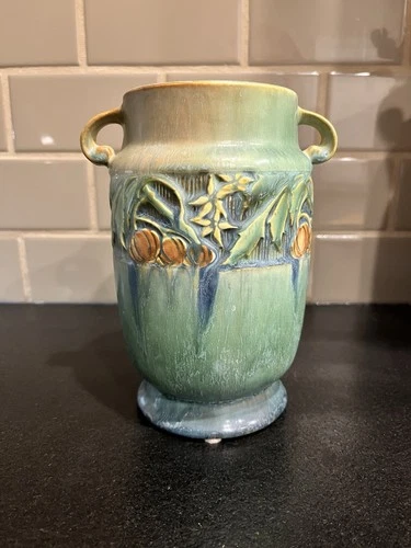 VTG. ROSEVILLE Green Baneda Vase 7.25” Tall.  Very Good Condition.