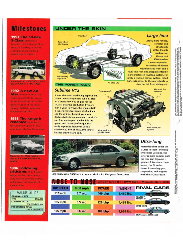 1996 / 1997 / 1998 MERCEDES-BENZ S600 / S-600 SPEC лист / брошюра / каталог, 98 - Изображение 3 из 4