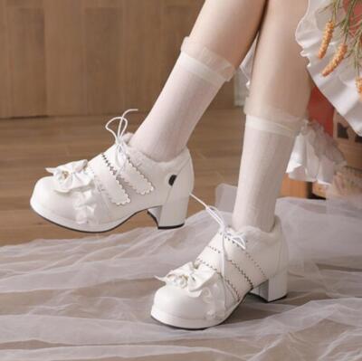 Women's Sweet Platform Bowknot 5CM Chunky Heel Shoes Lace Up Splicing 34-48 Chic