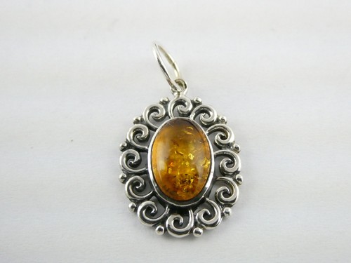 Vintage Unmarked Sterling Silver Amber Cabochon Pendant Charm 2.3g 1 Inch - Picture 2 of 11