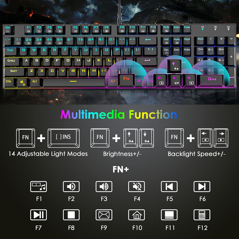 RGB Backlit Mechanical Keyboard with 16.8M Colors and 104 Keys for PC/Laptop