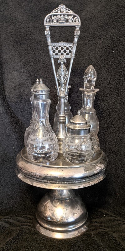 Wilson Silver Plated 1890's Castor w/ 5 Floral Etched Cruet's  Pat # 0571