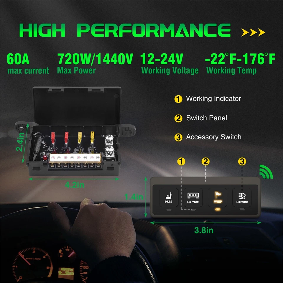 Wireless Switch Panel 4 Gang Led Light Bar Flash Remote Control Relay System Box - Image 3 of 4