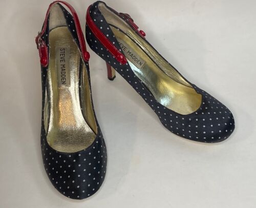 Steve Madden “LUVVY” WN Pumps SZ 6M Black W/ White Dots 3” Red Patent Heel - Picture 2 of 24