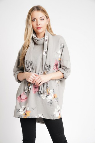 New Ladies Italian Floral Print Lagenlook Scoop Neck Pocket Cotton Top & Scarf - Picture 34 of 55