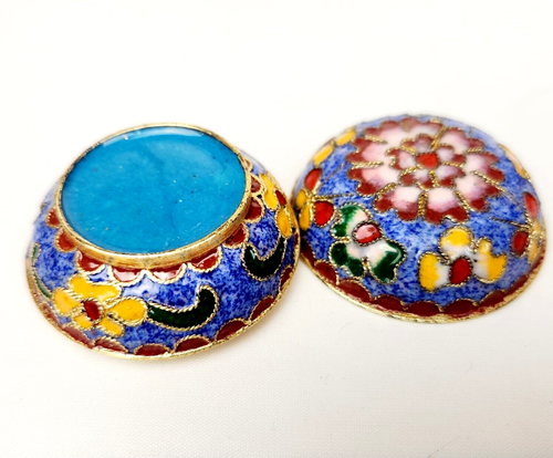 Cloisonne Enameled Brass Trinket Box Blue Pink Floral Butterfly Round Lidded 2" - Picture 6 of 8