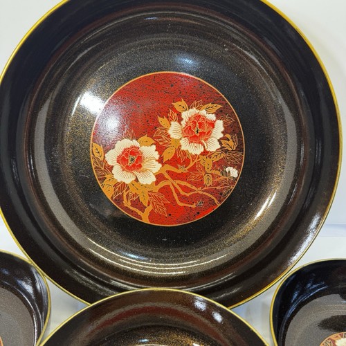 Vintage Japanisches Lackgeschirr Aercing Schüssel Set Traditionell Floral Schwarz Gold - Bild 3 von 7