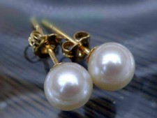 Perfect AAA Natural Real White Round Pearl Stud Earrings 14k Gold