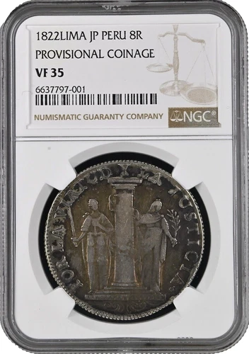 1822 LIMA JP PERU 8 Reales Silver Coin Provisional Coinage NGC VF-35