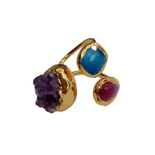 Anillos de dedo de piedra 3 gemas amatista ágata ojo de gato anillo ajustable joyería