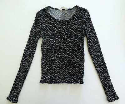 * H et M* Top ajusté jersey coton côtelé noir imprimé fleurs - T 12/14 ans - Photo 1/4