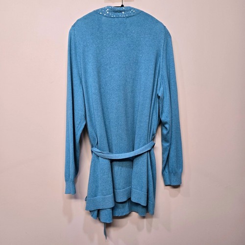 Lands End Cardigan Sweater Plus Size 2X Blue Sequin Belted Cotton Cashmere Blend - Picture 2 of 7