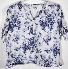 Linen Charter Club Women's Size XXL White Blue Floral Blouse Top SS V-Neck