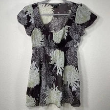 90s Y2k A. Byer Brown Sheer Floral Babydoll Top Fairy Whimsy Dolly Milkmaid M