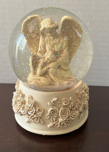 Vintage Musical Box Snow Globe Angel Mother And Son Base With Carved Roses - Picture 2 of 8