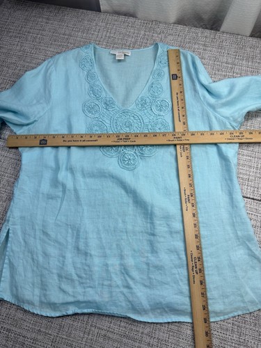 LUCY & LAUREL Women’s 100% Linen Aqua Blue 3/4 Sleeve Top Embroidered Boho 1x - Picture 6 of 11