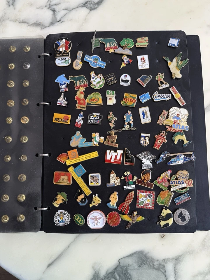 CLASSEUR GROS LOT DE PIN'S VINTAGE DIVERS TINTIN ASTERIX MARIO COCA JO MAC DO + - Photo 3/4