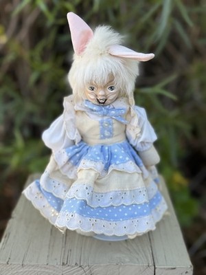 Vtg 9  Porcelain Hand Painted Face & Dress Easter Rabbit Bunny W/ Stand   66