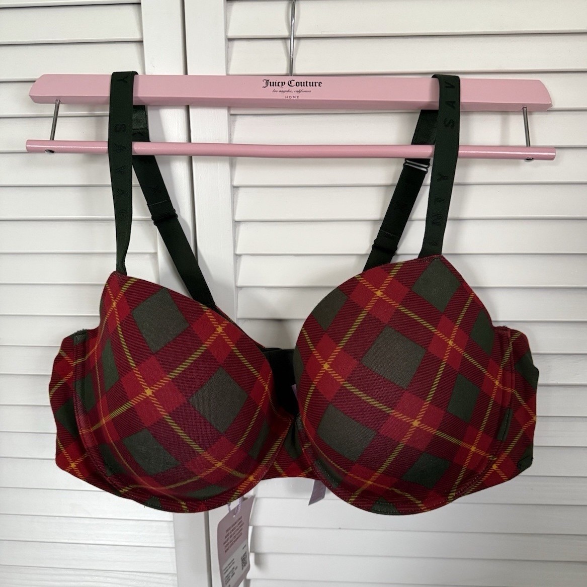Savage X Fenty Cotton Essentials Padded Demi Bra Red Plaid Adjustable 40DDD