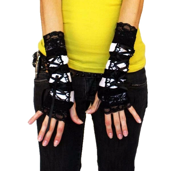 Striped Corset Gloves Black Lace Up Cuffs Arm Sleeves Gothic Steampunk Costume
Opens in a new window