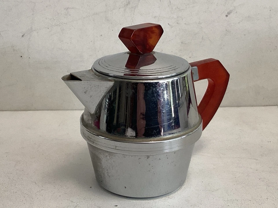 Ensemble Service à Thé Ou Café Art Déco. Métal Chromé /Bakélite Couleur Ambre. - Photo 4/4