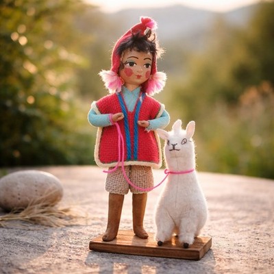 Vintage Alpaca Wool Llama and Boy Figurine Handcrafted Peruvian Folk Art
