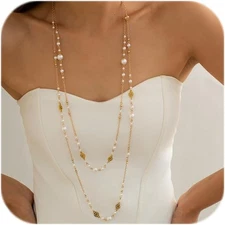 Long Pearl Necklaces for Women Pearl Long Chain Necklace Dainty Gold and Long Pe