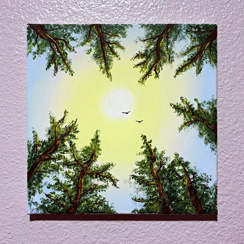 Nature Landscape Painting Trees Sky w/ Birds, Small Realism