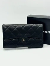 Chanel Matelasse Trifold Long Wallet Lambskin Leather Black CoCo Mark Auth YK384