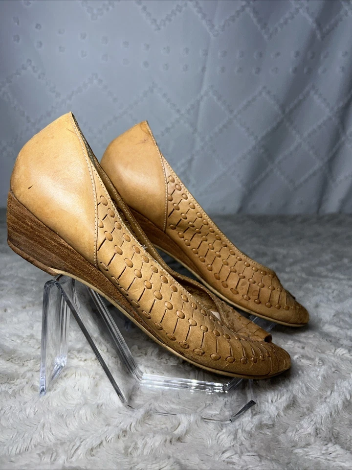 Винтажные повседневные сандалии QualiCraft размер 9 кожа дерево коричневый на танкетке - Изображение 4 из 4