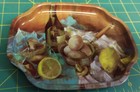 Elite Trays Made in England Wine Mushroom Lemon Eggs in food scene on metal tray