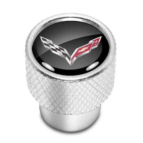 Chevrolet Corvette C7 Logo Black on Shining Silver Aluminum Tire Valve Stem Caps - Picture 2 of 5