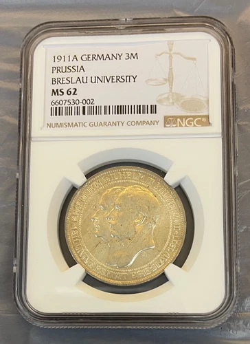 1911A Germany Silver Prussia Breslau University 3 Marks NGC MS62