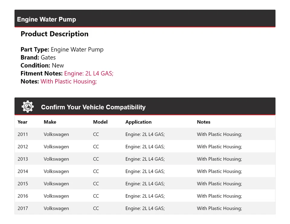 Para Volkswagen CC 2011-2017 2L L4 Motor Gas Bomba Agua Puertas 2012 2013 2014 Foto 2 de 4