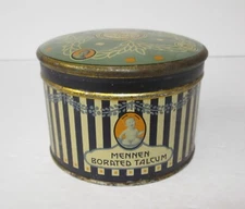 Mennen Borated Talcum powder round tin w/ puff & powder 1930's antique HTF rj